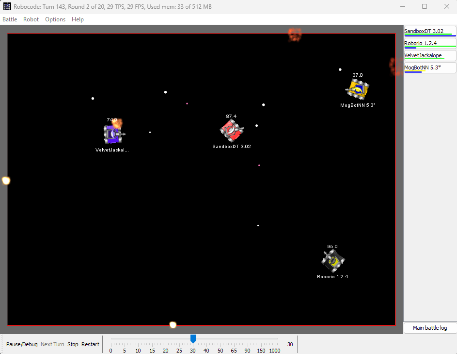 The classic Robocode battle window: four small tanks on a black battlefield, each labelled with its name and energy, with shells in flight and a list of competitors down the right-hand side.