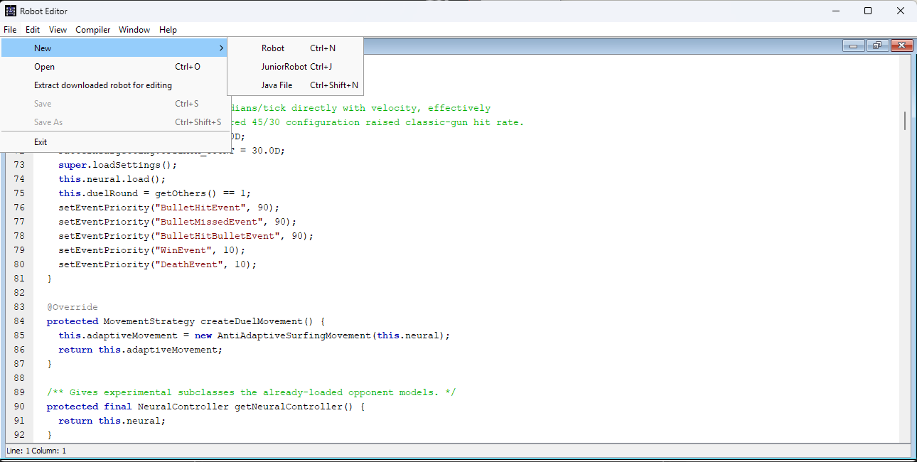 Robocode’s Robot Editor showing Java source for a robot, with the File, New menu open offering Robot, JuniorRobot and Java File.